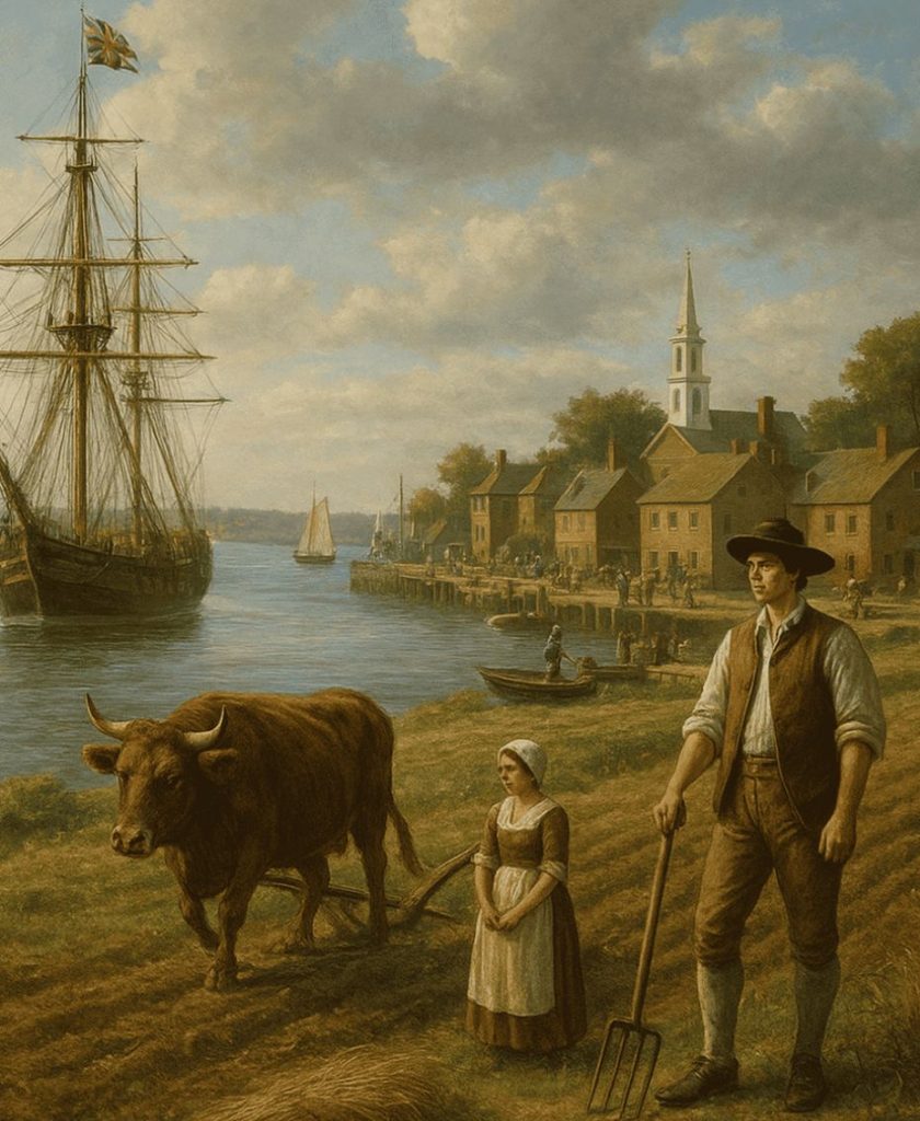 AI generated image of 18th century American colonial harbor scene with farmers, oxen, ships, and town buildings