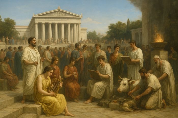 AI generated image of Ancient Greek Olympic festival with poets, musicians, and religious rituals celebrating culture and worship of Zeus