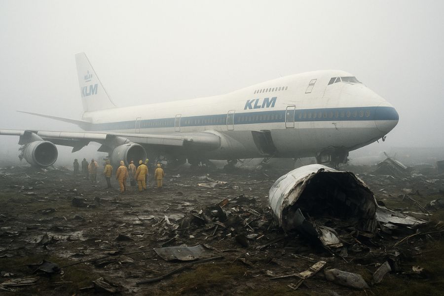 AI generated image of Wreckage of the KLM Boeing 747 after the Tenerife Airport Disaster in 1977, showing dense fog and rescue workers on the runway
