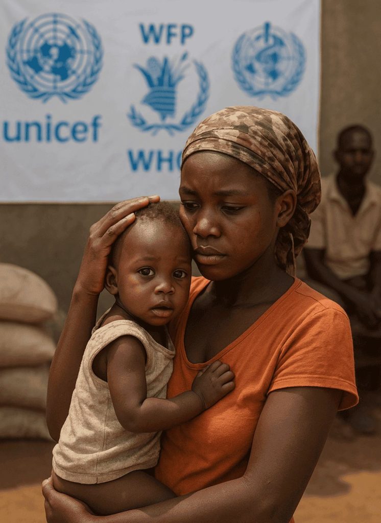 AI generated illustration of A mother holding her child at a UN humanitarian aid program supported by UNICEF, WFP, and WHO to fight poverty, hunger, and health challenges