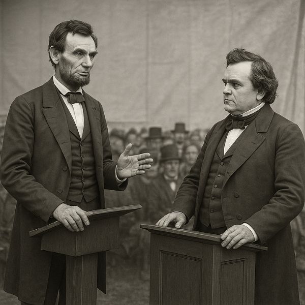 AI generated image of Abraham Lincoln debating Stephen A. Douglas during the 1858 Lincoln-Douglas debates about the expansion of slavery in America