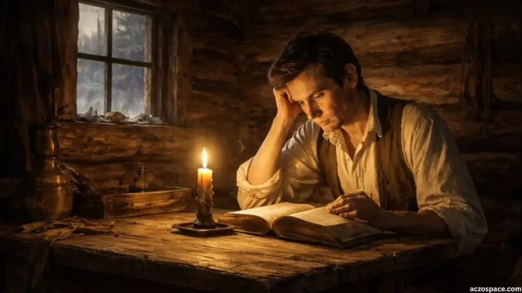 Young Abraham Lincoln studying inside a log cabin in rural Kentucky