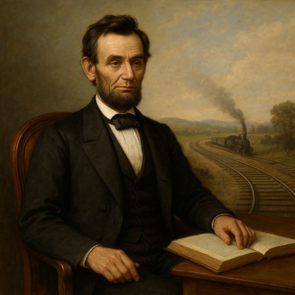 AI generated image of Abraham Lincoln sitting beside an open book with a railway in the background, symbolizing his vision for infrastructure, banking, and education reforms that strengthened the United States
