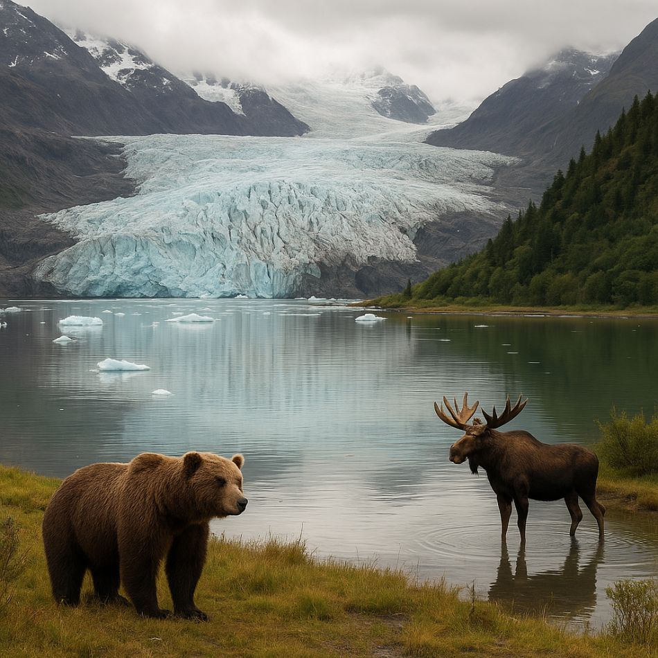 AI generated image of Brown bear and moose near a melting glacier in Alaska, representing the impact of climate change on wildlife and natural habitats