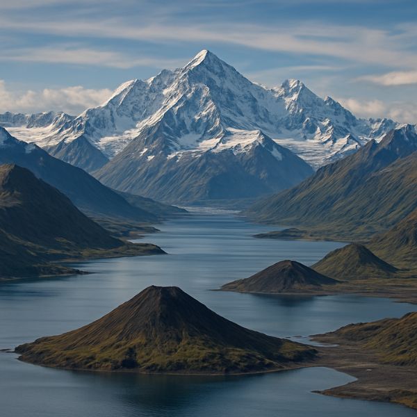 AI generated image of Majestic Alaskan landscape with glacier-carved valleys and fjords formed during the Ice Ages, showcasing snow-capped mountains and volcanic islands shaped by ice and time
