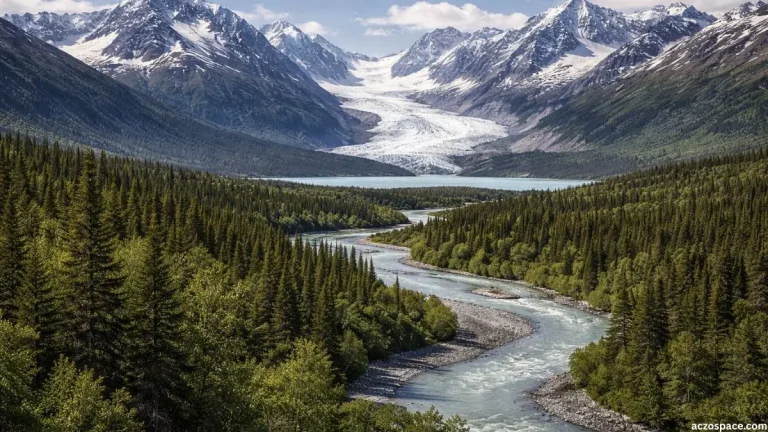 Natural landscape of Alaska showing mountains, glaciers, and forests
