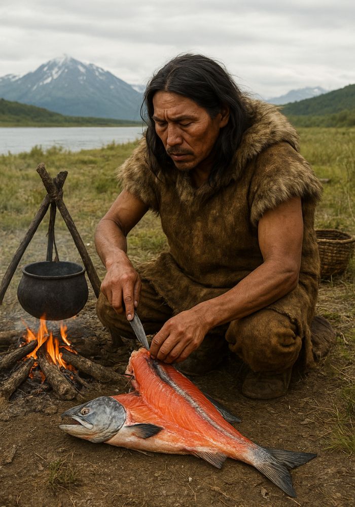 AI generated image of A native Alaskan person preparing fish beside a campfire, representing traditional sustainable living and deep respect for nature practiced by Alaska’s first inhabitants