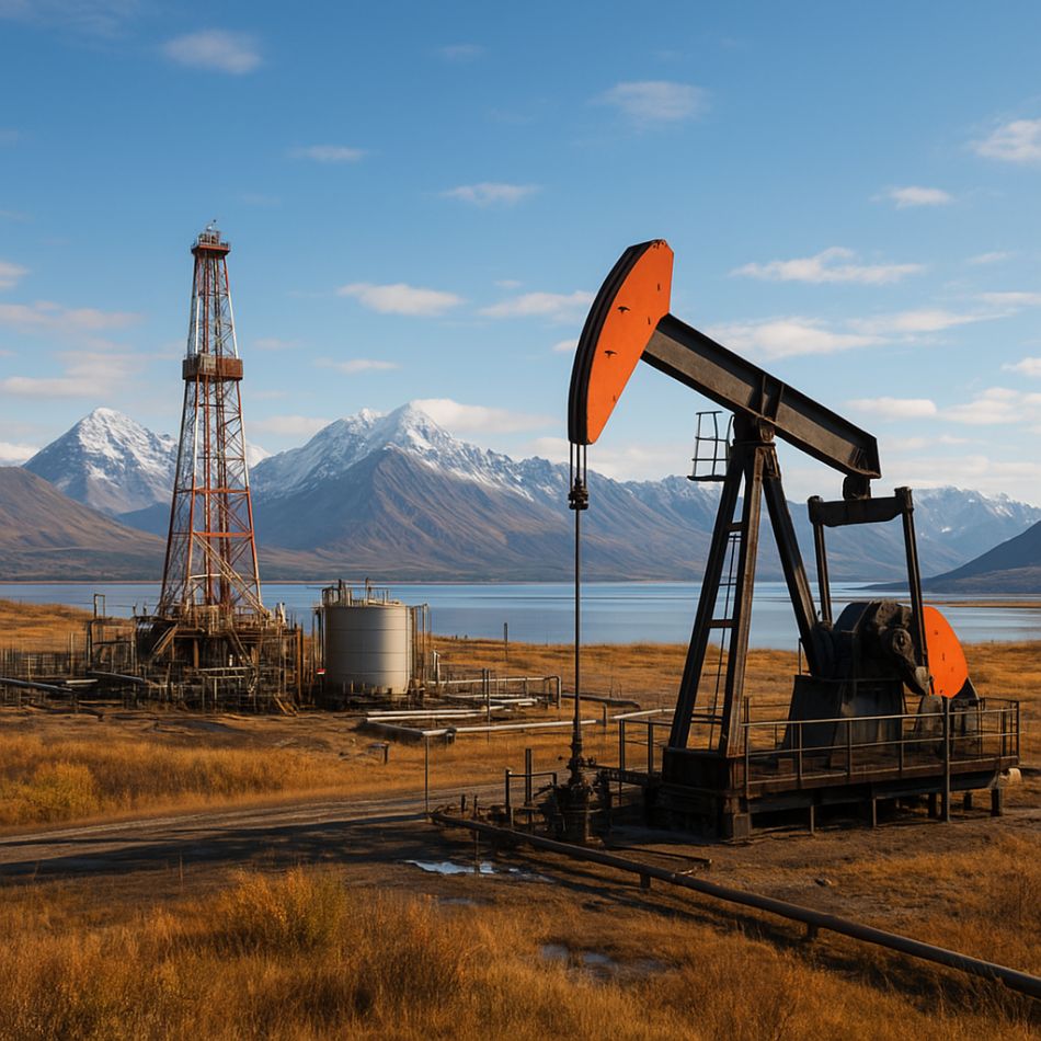 AI generated image of Oil drilling site in Alaska with snow-covered mountains in the background, symbolizing the state’s vital role in U.S. energy production and economic growth