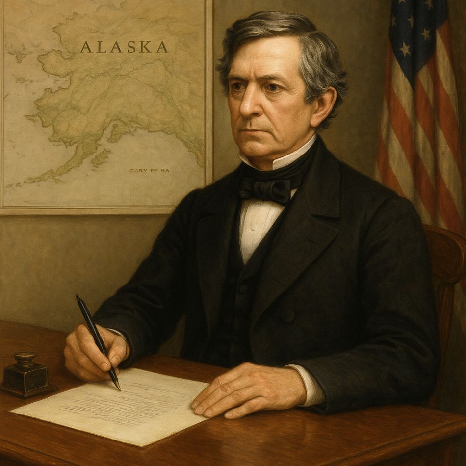 AI generated image of U.S. Secretary of State William H. Seward signing the 1867 Alaska Purchase agreement, representing the historic acquisition of Alaska from Russia for $7.2 million