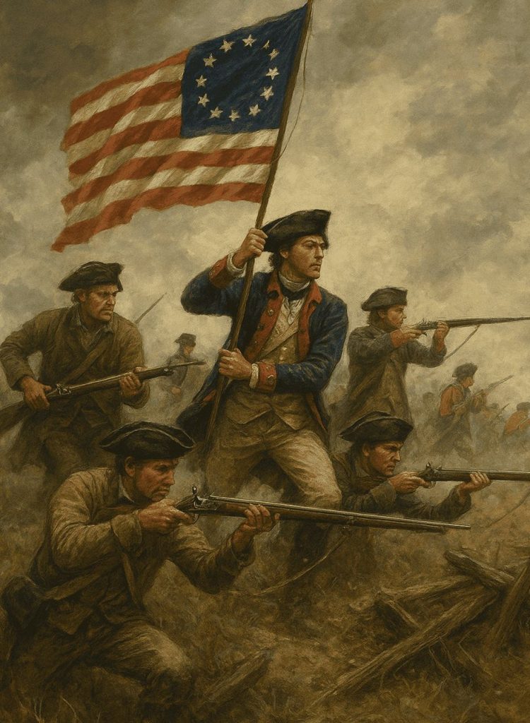 AI generated image of American Revolution soldiers carrying the first U.S. flag during battle, symbolizing freedom, liberty, and the birth of the United States