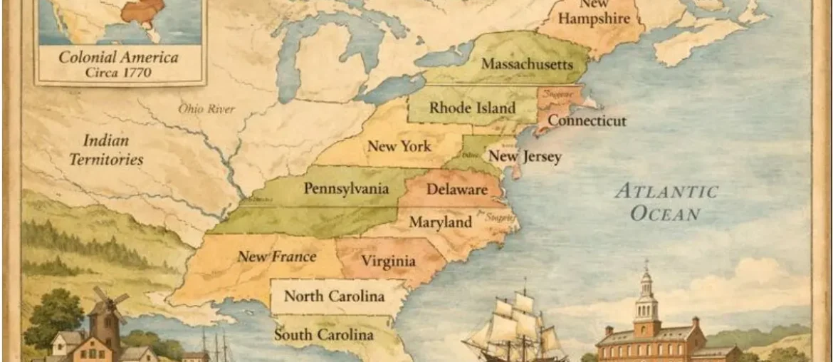 Map showing the Thirteen American Colonies before independence