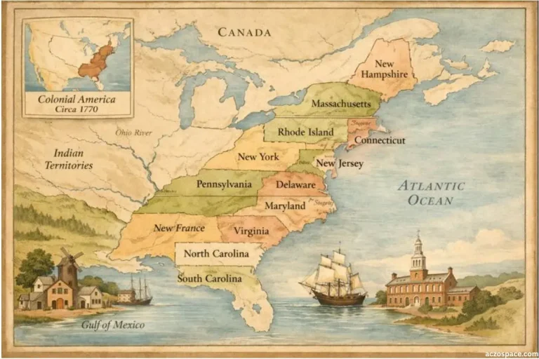 Map showing the Thirteen American Colonies before independence