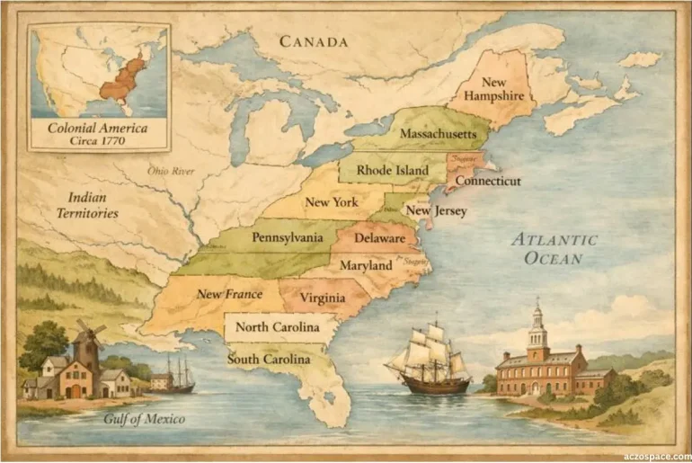 Map showing the Thirteen American Colonies before independence
