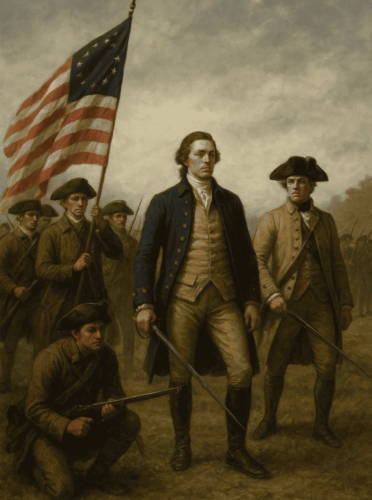 AI generated image of Realistic oil painting of American Revolutionary War soldiers with a colonial flag, 1775–1783