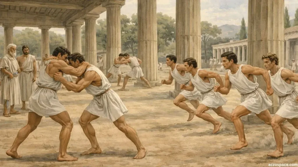 Ancient Greek athletes training for the Olympic Games