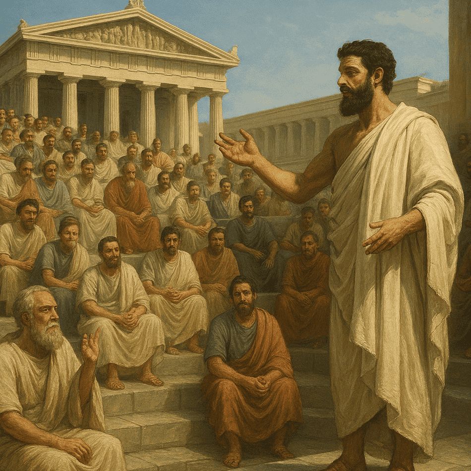 AI generated image of Ancient Greek democracy illustrated with an Athenian assembly where citizens debate and participate in decision-making