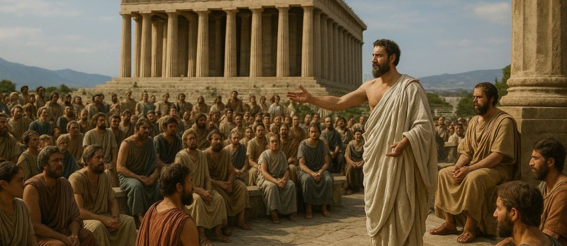 Greek Democracy: Foundation of Modern Governance AI generated image of Ancient Greek citizens gathered in Athens discussing democratic governance near the Parthenon