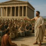 AI generated image of Ancient Greek citizens gathered in Athens discussing democratic governance near the Parthenon