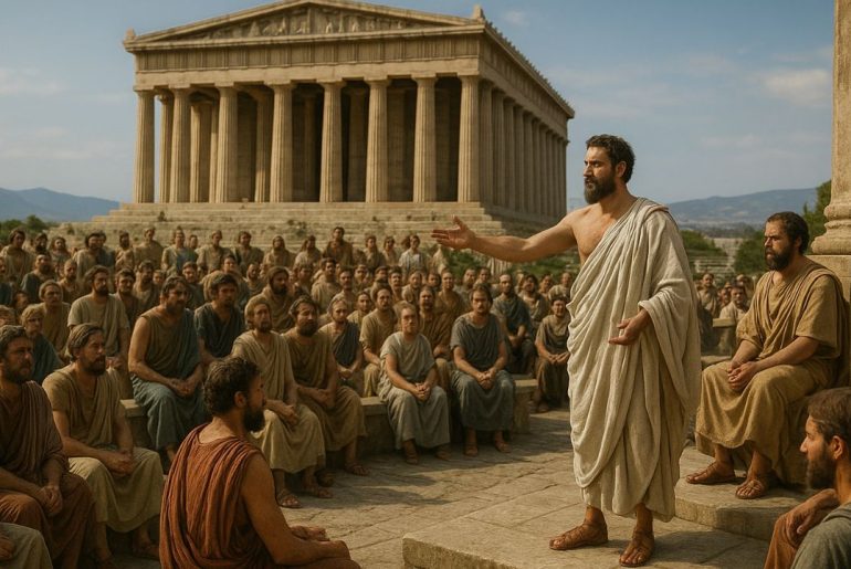 Greek Democracy: Foundation of Modern Governance AI generated image of Ancient Greek citizens gathered in Athens discussing democratic governance near the Parthenon