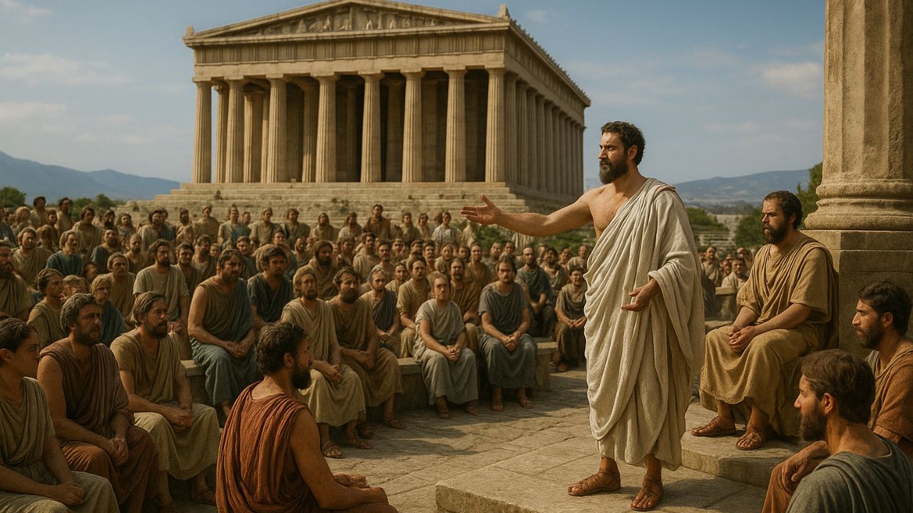 Greek Democracy: Foundation of Modern Governance AI generated image of Ancient Greek citizens gathered in Athens discussing democratic governance near the Parthenon