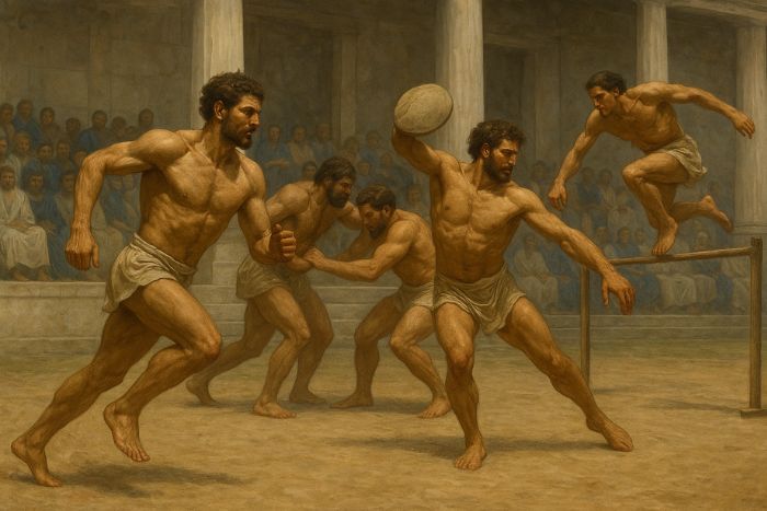 AI generated image of Ancient Greek athletes competing in the Olympic Games, showcasing strength, endurance, and skill in traditional sports