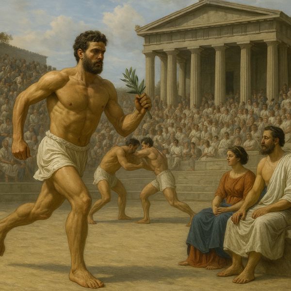 AI generated image of Ancient Greek Olympic Games athletes competing in running and wrestling near a temple with spectators watching, symbolizing strength and honor