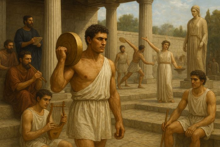 AI generated image of Ancient Greek athletes training in a gymnasium with musicians and priests during the Olympic Games, symbolizing preparation, culture, and religion