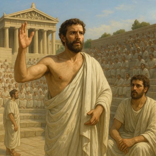 AI generated image of Ancient Athenian male citizens debating in an open-air assembly, symbolizing the birthplace of democracy in Athens