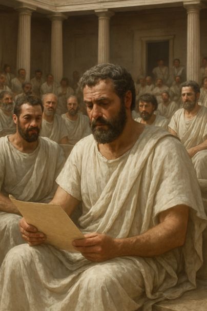 AI generated image of Ancient Athenian Boule council of 500 citizens preparing the agenda for the Assembly in classical Greece