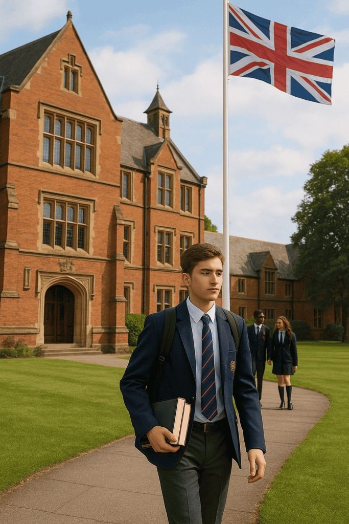 AI generated image of British-style school with students in uniforms and Union Jack flag representing the cultural legacy of the British Empire