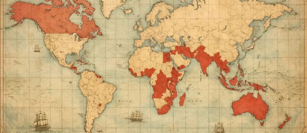 British Empire territories across the world at its peak in the 19th century