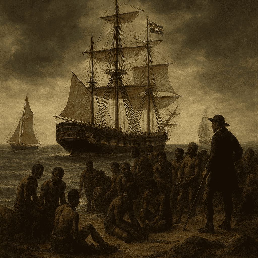 AI generated image of Historical illustration of British ships and enslaved Africans during the Atlantic slave trade era