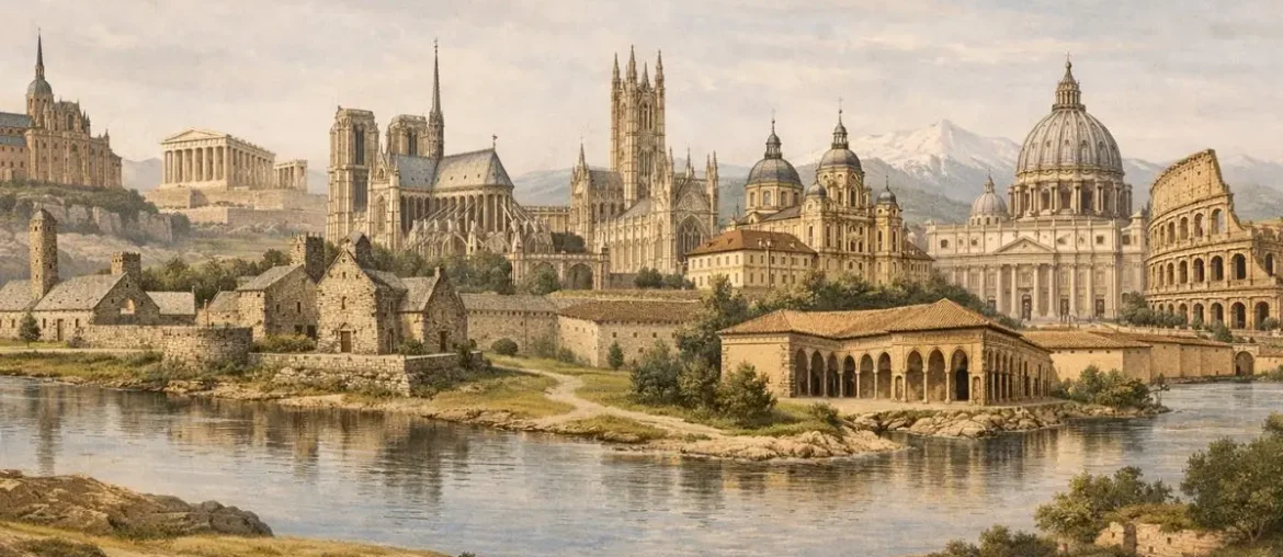 Educational illustration of major Christian heritage landmarks across Europe