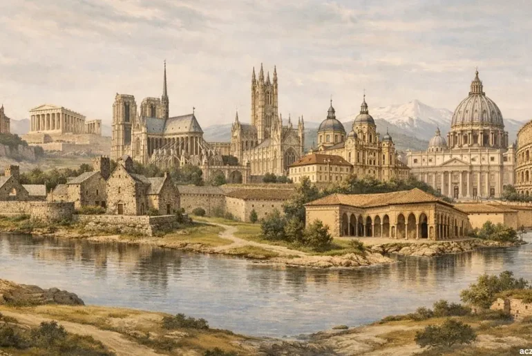 Educational illustration of major Christian heritage landmarks across Europe