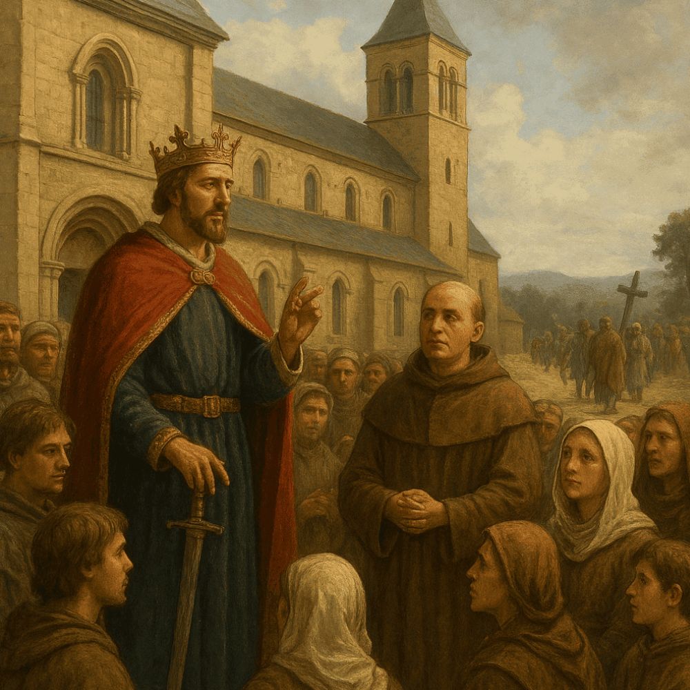 AI generated image of A medieval king addressing villagers outside a grand church as pilgrims journey in the background, symbolizing the influence of Christianity on medieval society
