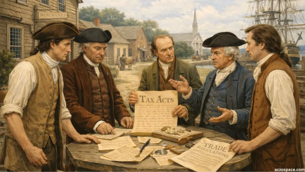 Colonial Americans discussing taxation policies