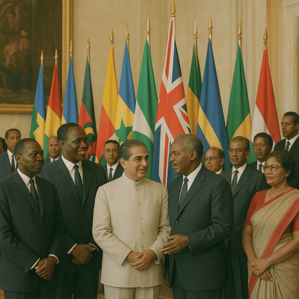 AI generated image of Commonwealth leaders from Asia, Africa, and the Caribbean standing together with national flags after independence