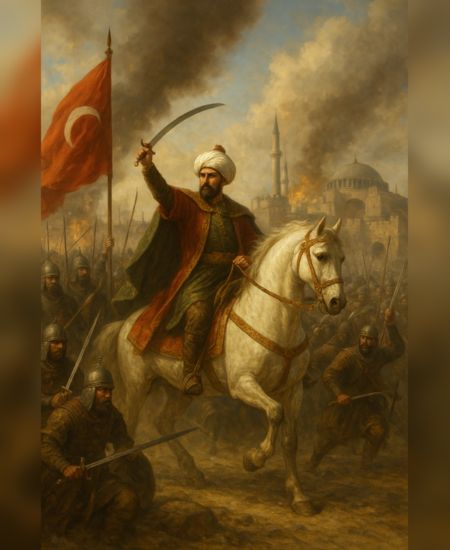 AI generated image of Sultan Mehmed II leading the Ottoman army during the conquest of Constantinople in 1453, marking the fall of the Byzantine Empire and rise of Istanbul