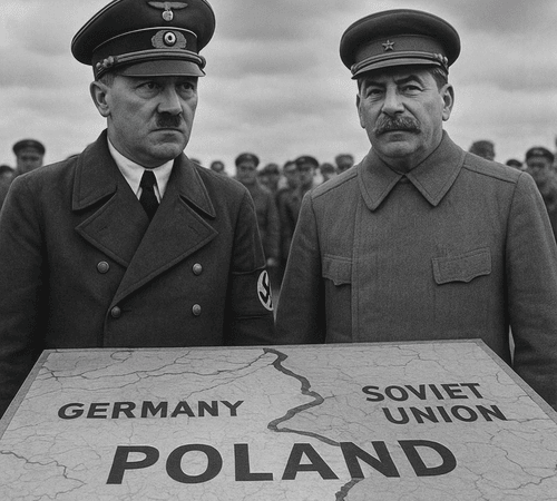 AI generated image of Historical representation of Germany and the Soviet Union dividing Poland in 1939, highlighting the failure of appeasement before World War II