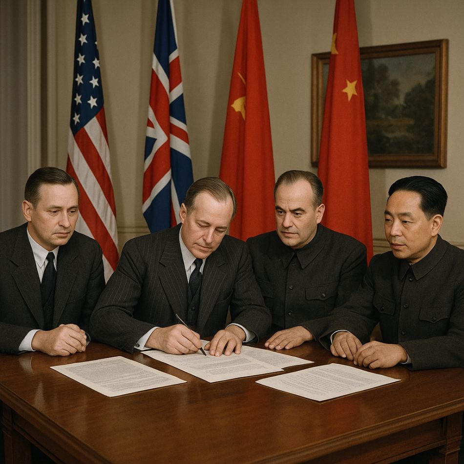 AI generated image of Representatives from the U.S., U.K., Soviet Union, and China signing proposals at the Dumbarton Oaks Conference in Washington D.C. in 1944, laying the foundation for the United Nations