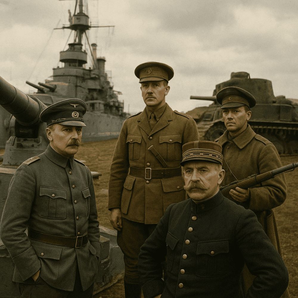 AI generated image of Early 20th century European militarism with German, British, French, and Russian soldiers standing in front of warship, tank, and heavy artillery during arms race