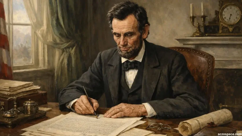 Abraham Lincoln signing the Emancipation Proclamation in 1863