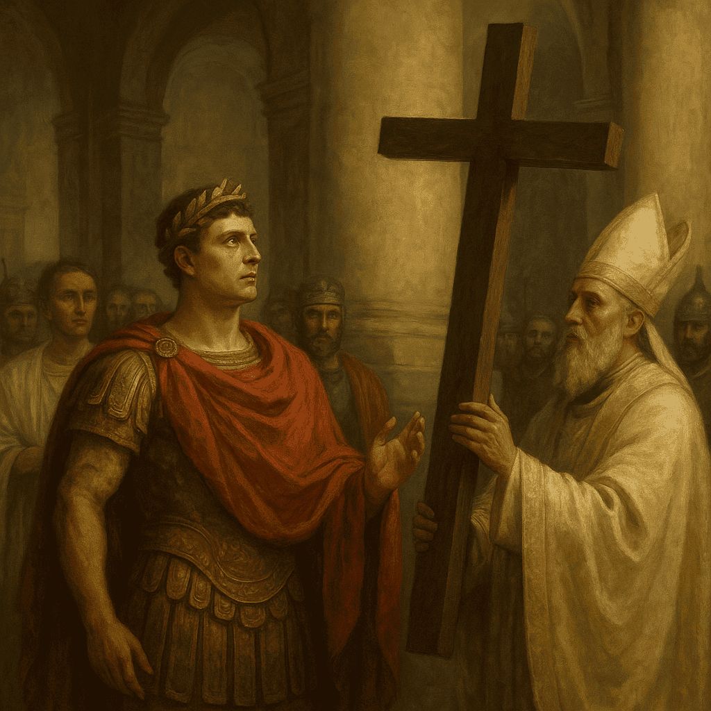 AI generated image of Realistic painting of Emperor Constantine the Great converting to Christianity after the Edict of Milan in 313 AD, symbolizing the rise of Christianity in the Roman Empire