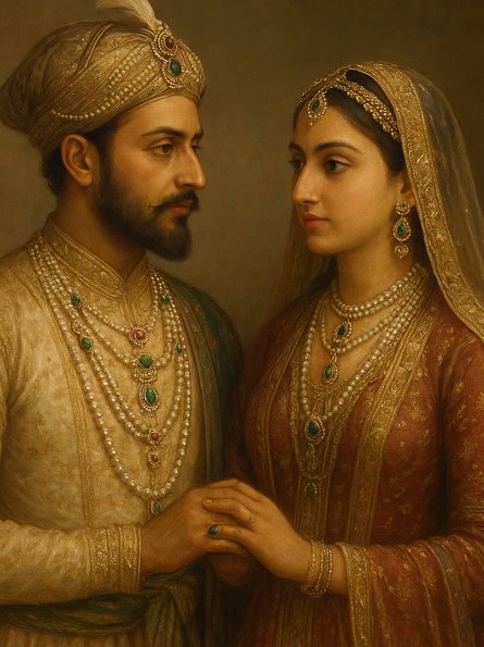AI generated image of Realistic painting of Mughal Emperor Shah Jahan with his wife Mumtaz Mahal dressed in royal attire and exquisite jewelry