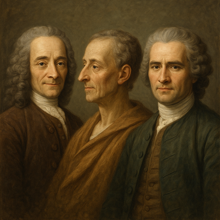 AI generated image of High-quality realistic oil painting of Enlightenment philosophers Voltaire, Montesquieu, and Rousseau promoting ideas of equality, reason, and popular sovereignty