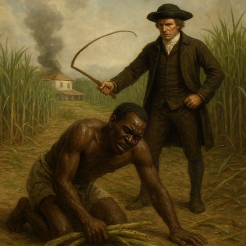 AI generated image of Enslaved African laborer suffering under harsh conditions on a sugar plantation in Saint-Domingue, present-day Haiti, during French colonial rule