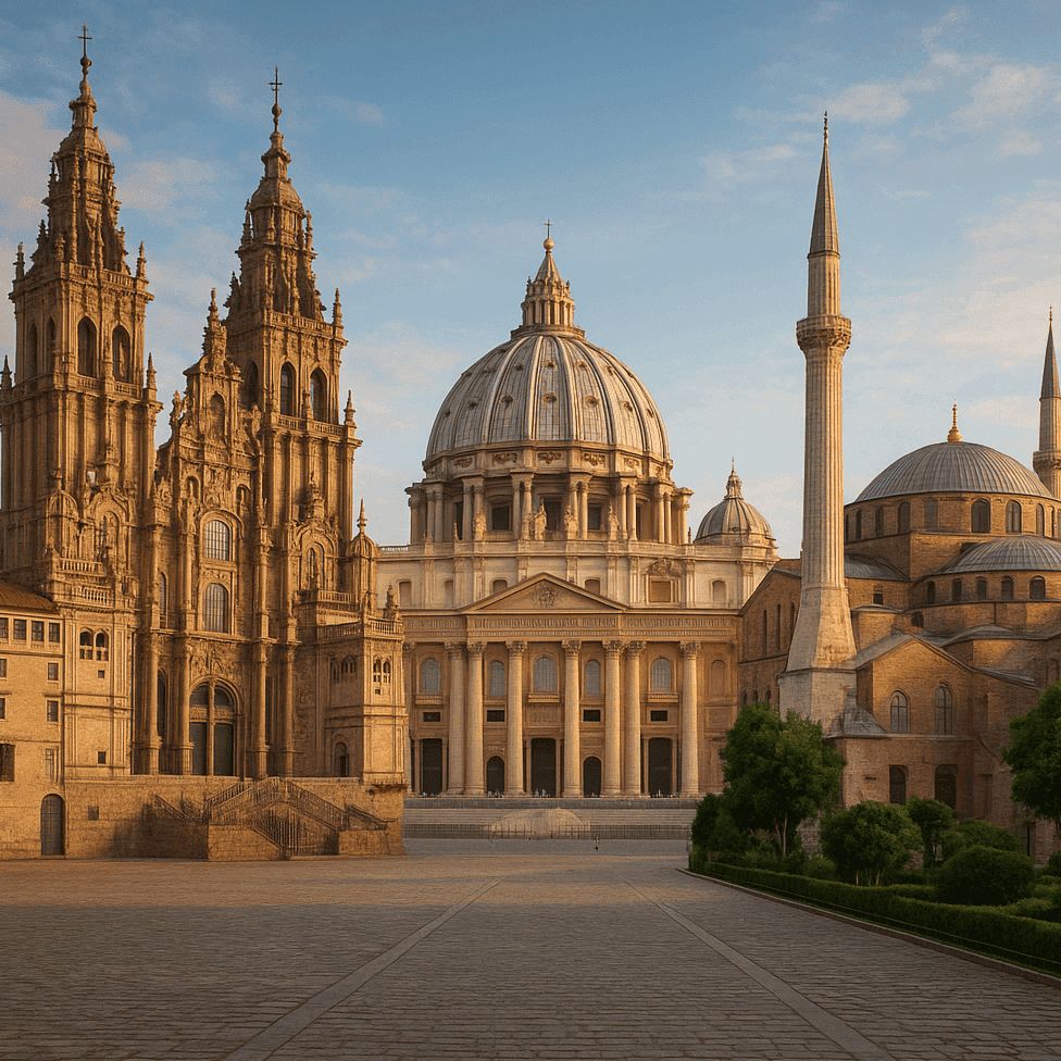 AI generated image of European Christian heritage landmarks including St. Peter’s Basilica in Rome, Hagia Sophia in Istanbul, and Santiago de Compostela Cathedral in Spain under a golden sunset