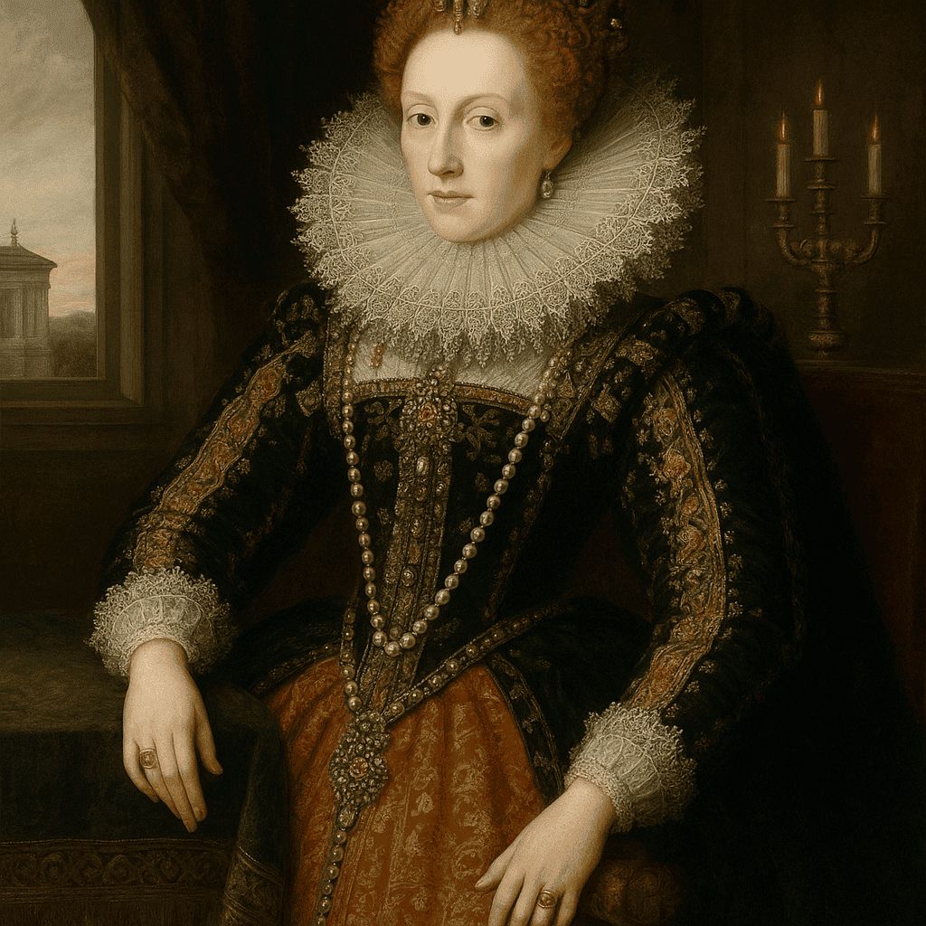 AI generated image of Portrait of Queen Elizabeth I wearing elaborate gown and ruff, symbolizing her authority, power, and cultural influence during the Elizabethan era