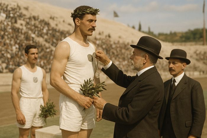 AI generated image of Athlete receiving a silver medal and olive branch at the first modern Olympic Games in Athens, Greece, 1896