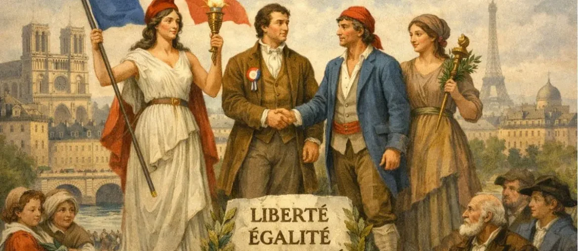 French Revolution 1789 illustration representing liberty equality and fraternity